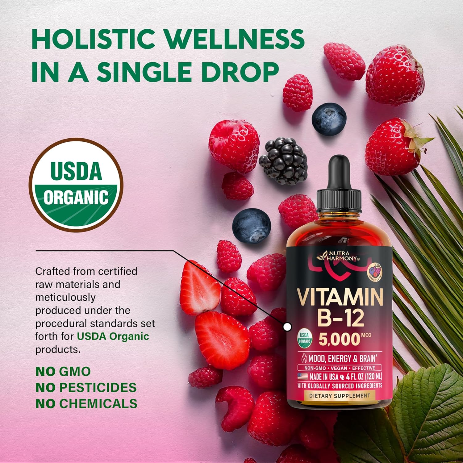 Vitamina B12 Sublingual Orgánica 5000 mcg - Metilcobalamina Líquida Vegana