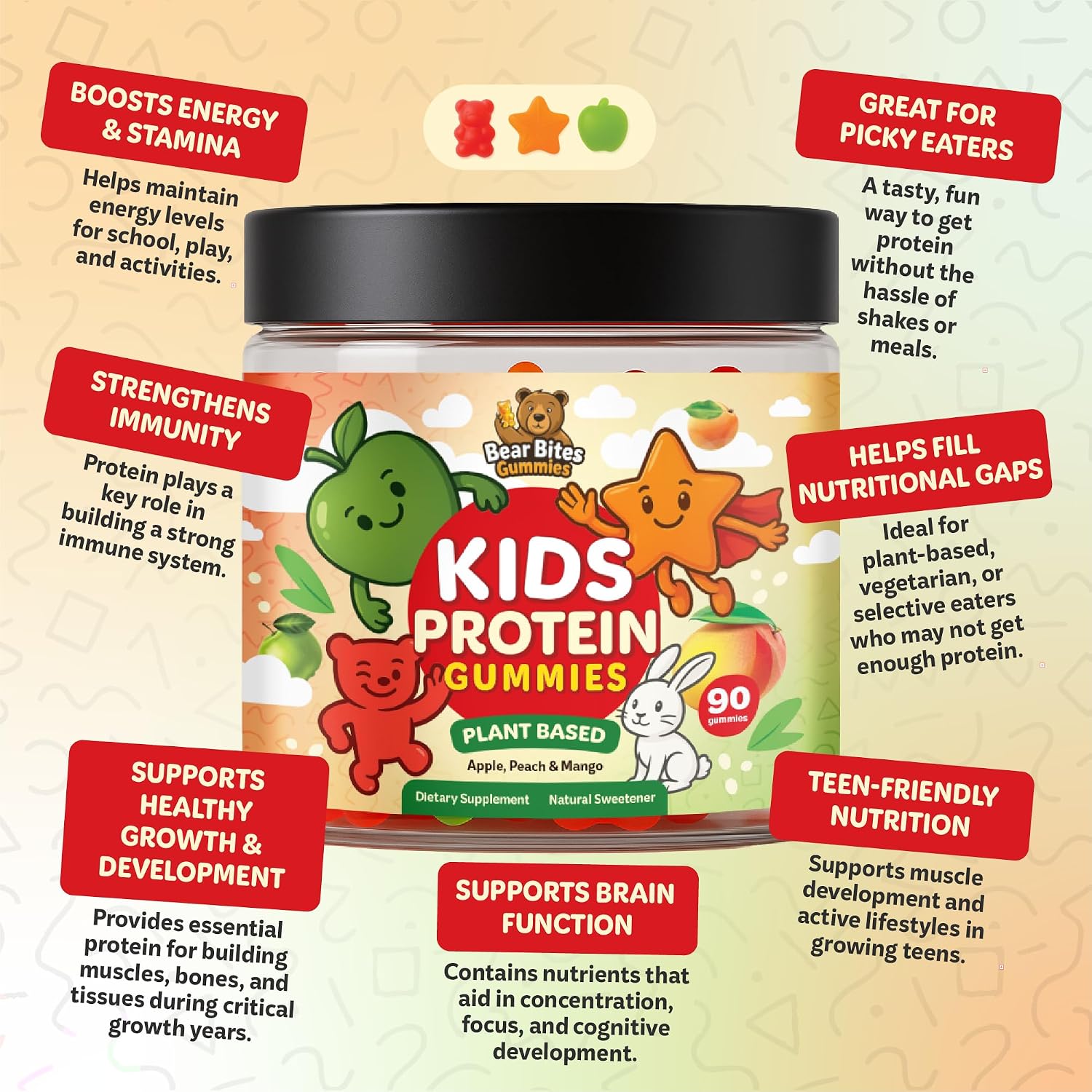 Bear Bites Gummies - Gomitas Proteicas Vegetales para Niños - Sin Azúcar, Veganas, con Vitamina C - 90 Unidades