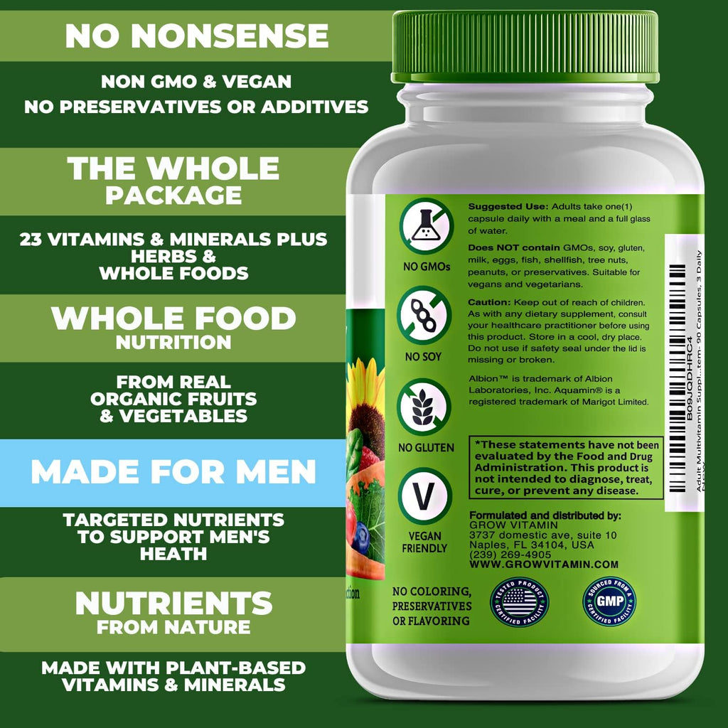 Multivitamínico Diario para Hombres con Vitaminas, Minerales y Alimentos Integrales Orgánicos - 90 Cápsulas