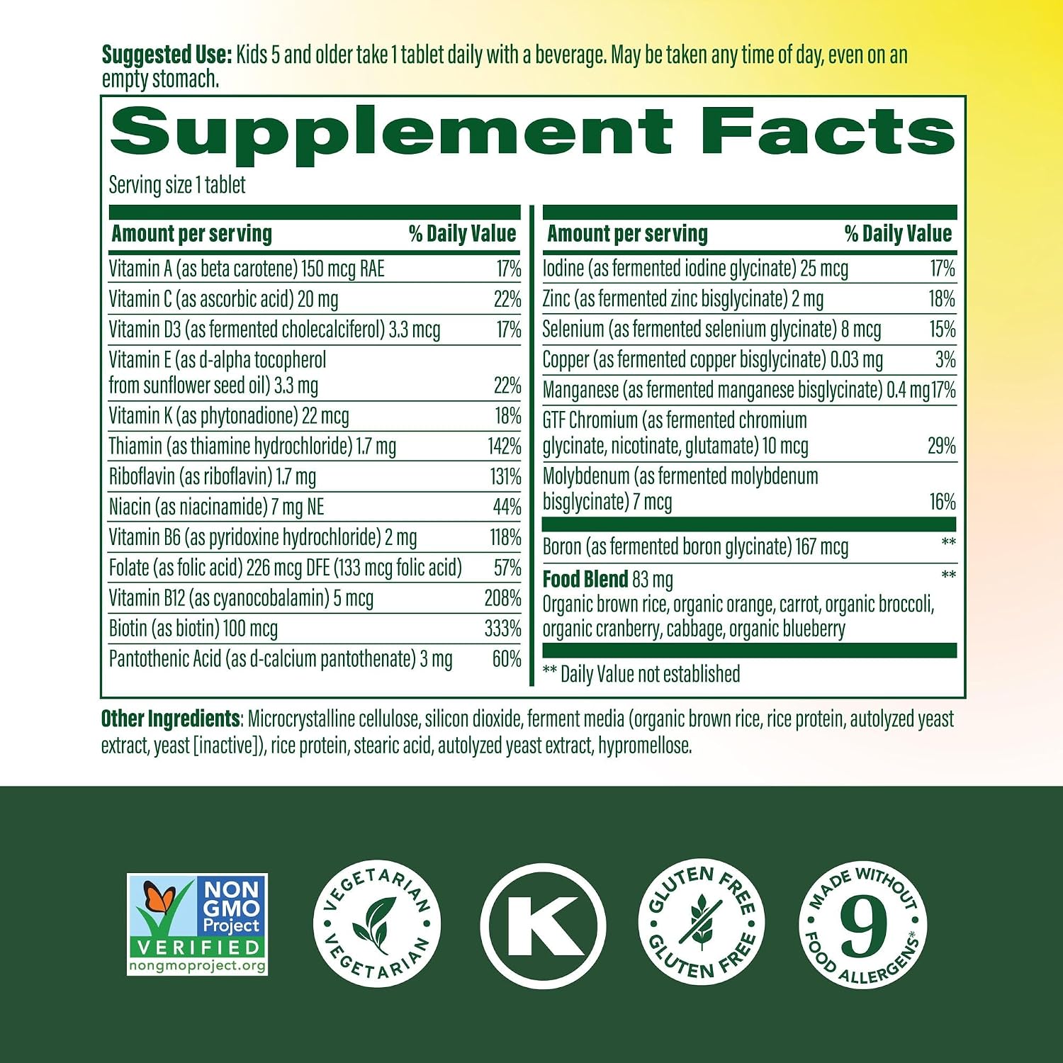 MegaFood Kids One Daily - Multivitamínico infantil con 21 vitaminas y minerales - 60 comprimidos