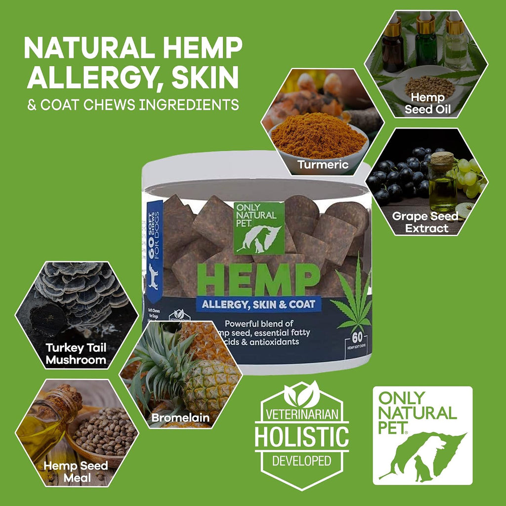 Only Natural Pet Masticables Suaves de Hemp para Alergias, Piel y Pelaje - 60 unidades