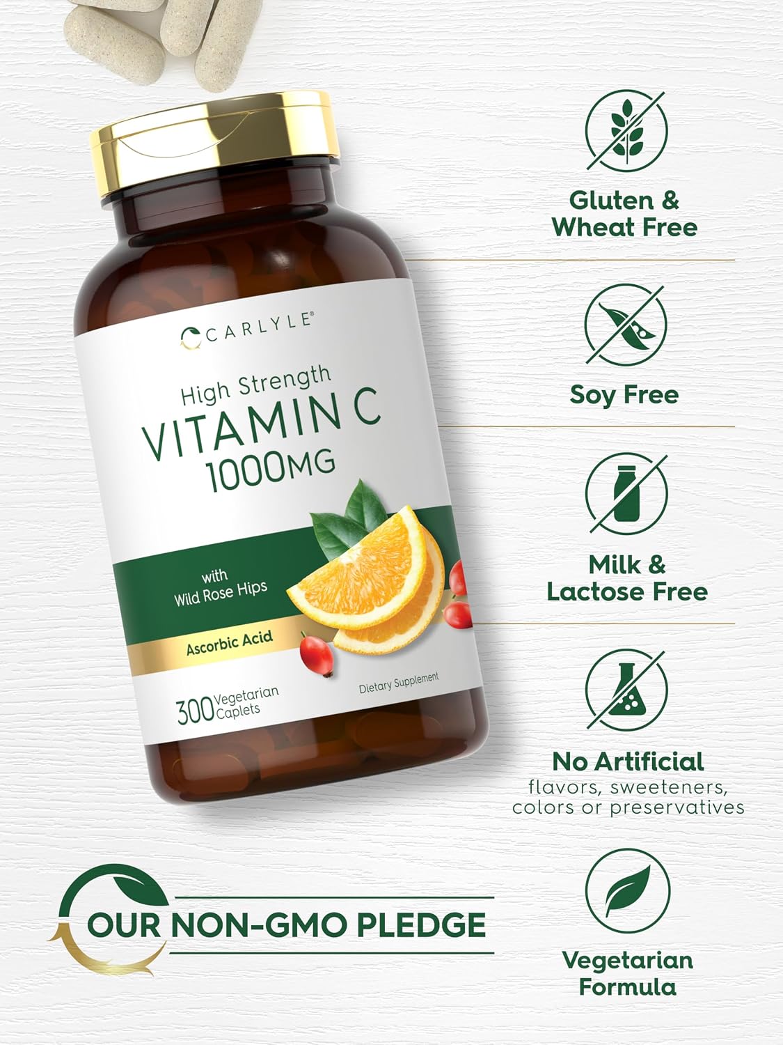 Carlyle Vitamina C 1000 mg con Rosa Mosqueta | 300 Comprimidos Vegetarianos | Alta Potencia | No GMO y Sin Gluten