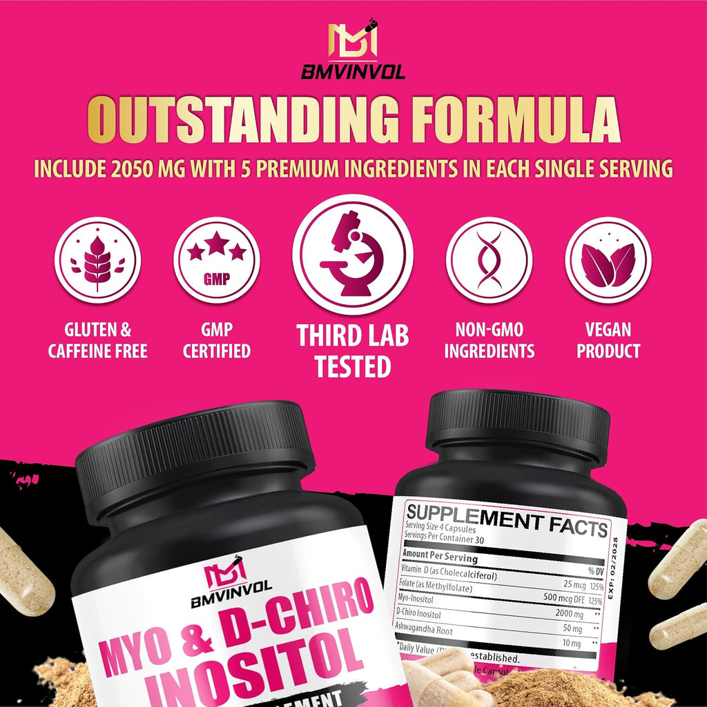BMVINVOL Myo-Inositol y D-Chiro Inositol 2050mg con Folato, Vitamina D y Ashwagandha - 120 Cápsulas