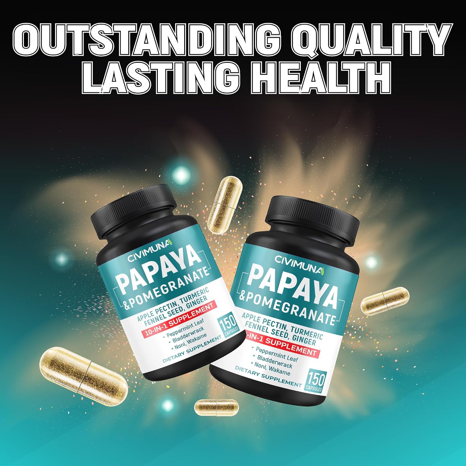 Papaya Capsules with Papaya, Pomegranate, Apple Pectin and More - 150 Capsules for 5 Months Supply