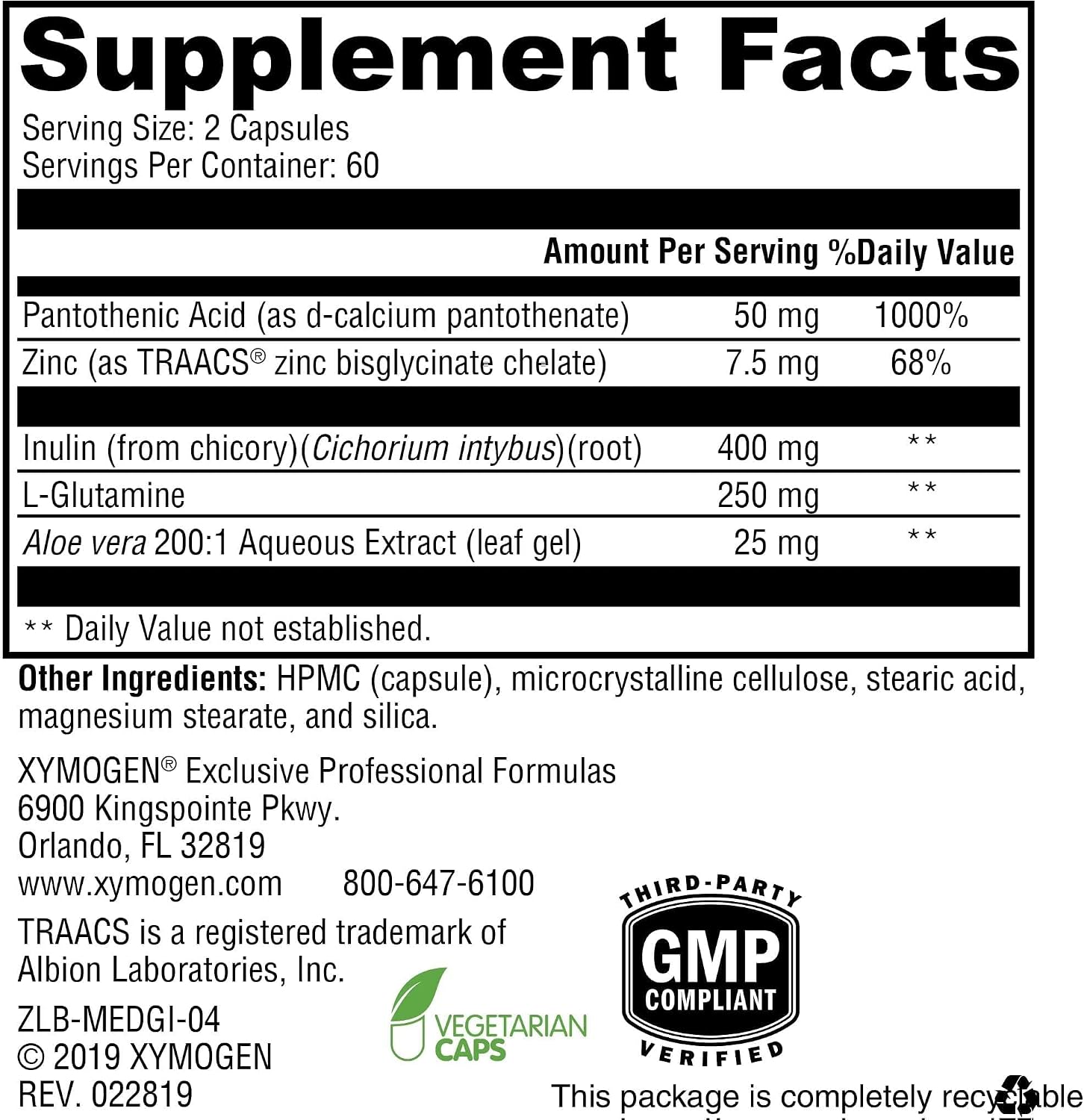 XYMOGEN MedCaps GI - L-Glutamine, Zinc, & Prebiotic Inulin - Gastrointestinal Mucosa Support - 120 Capsules
