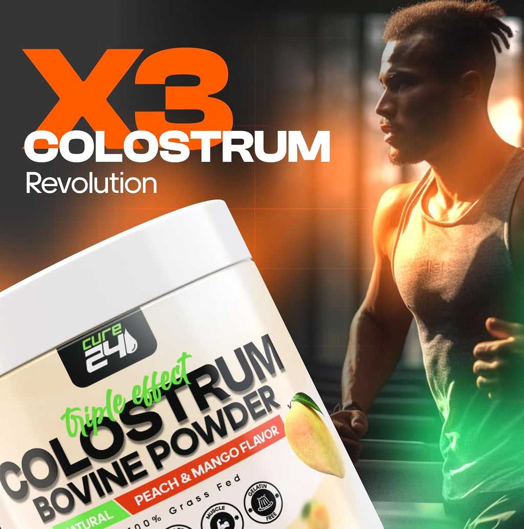 Cure24 Bovine Colostrum X3 - Calostro Bovino en Polvo, Sabor Melocotón Mango, 100% Puro y Natural