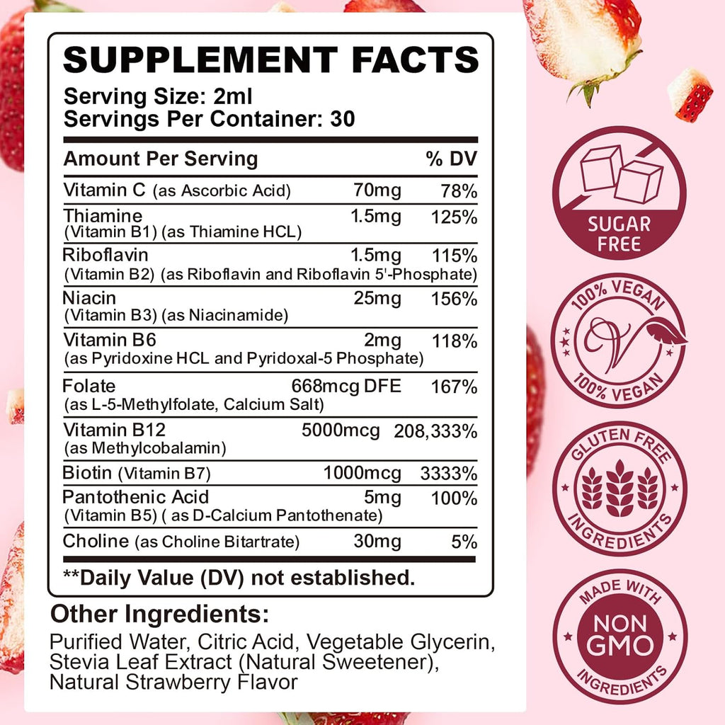 CFILIHTC Complejo B Líquido, Gotas de Vitaminas B con B1, B2, B3, B5, B6, B7, B9 y Metil B12 - Sabor Fresa, Vegano