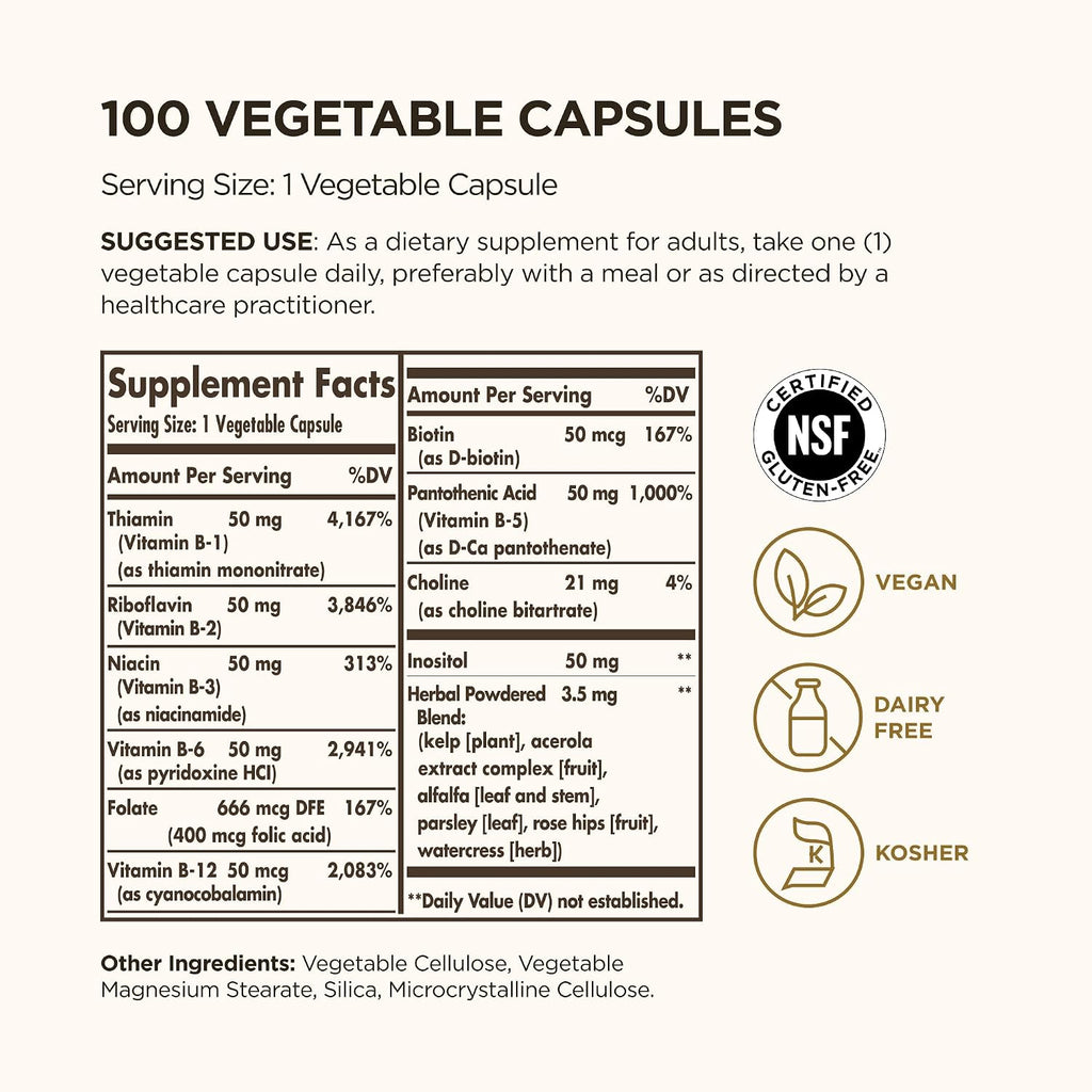 Solgar B-Complex '50' - 100 Cápsulas Vegetales - B-Complex para Energía y Sistema Nervioso