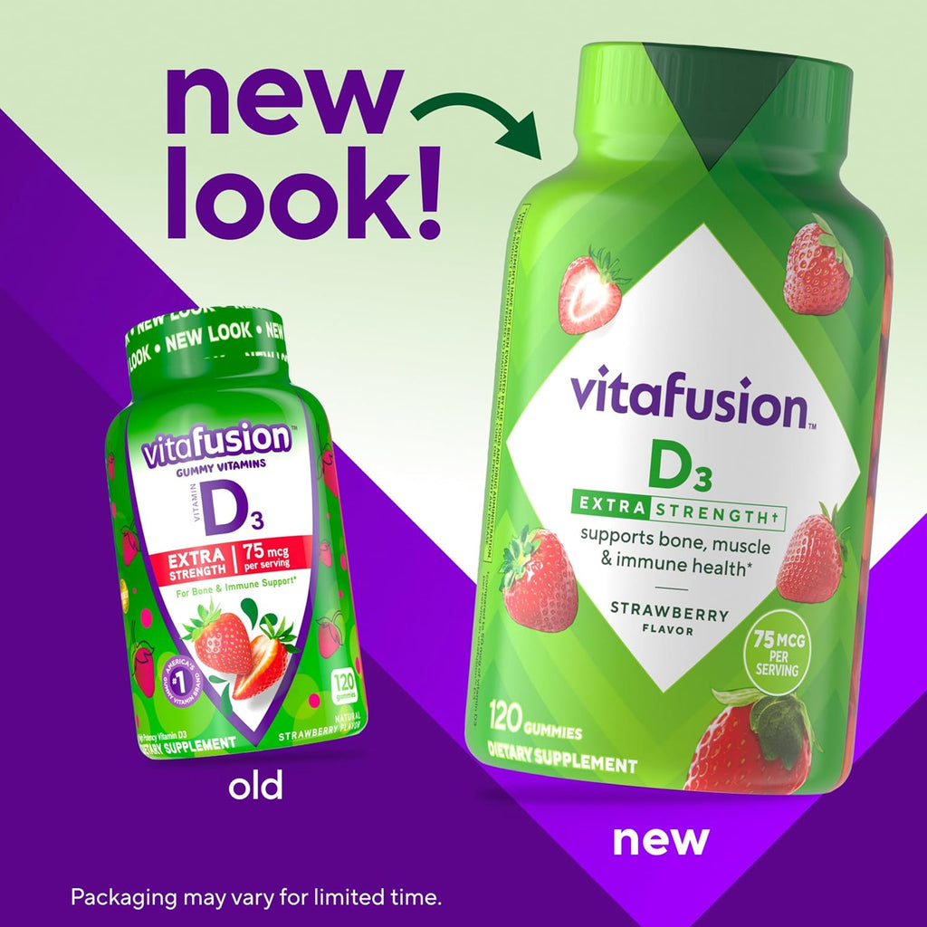 Vitafusion Gominolas de Vitamina D3 de Fuerza Extra, Sabor Fresa, 120 Unidades