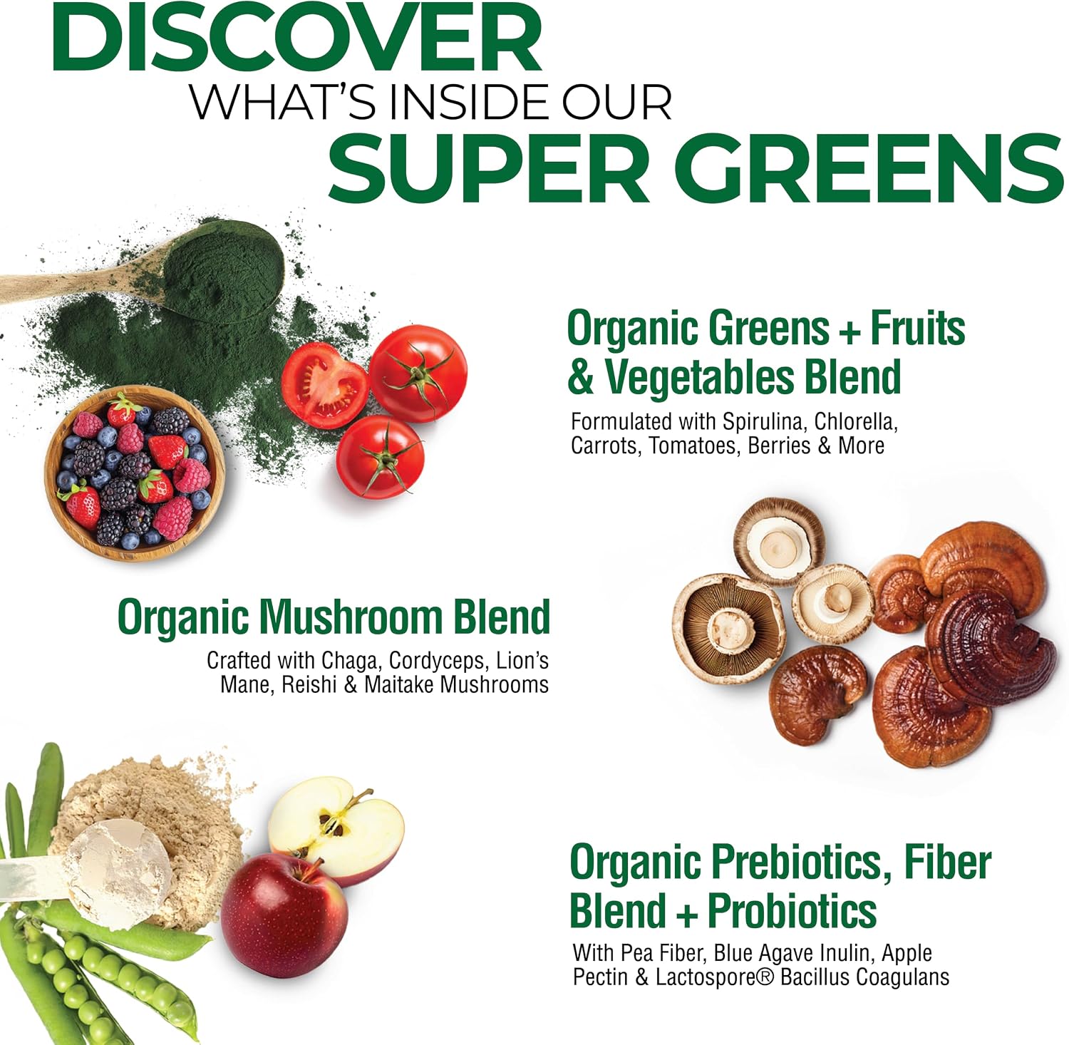 Country Farms Super Greens Sabor Natural, 50 Superalimentos Orgánicos, USDA Organic, Mezcla de Verduras, Frutas, con Fibra, Hongos y Probióticos, Apoya la Energía, 60 Porciones, 900g