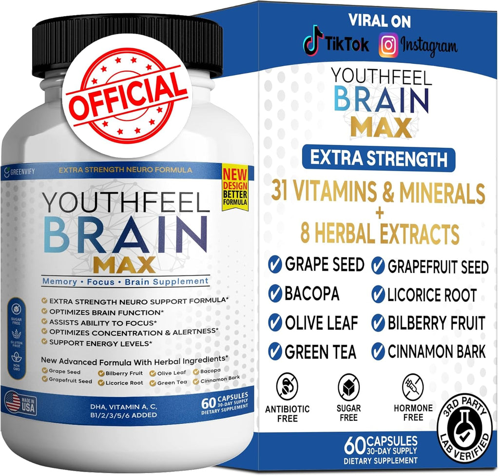 Youthfeel Brain Max Memory Support - Fórmula Neuro Extra Fuerte, 60 Cápsulas