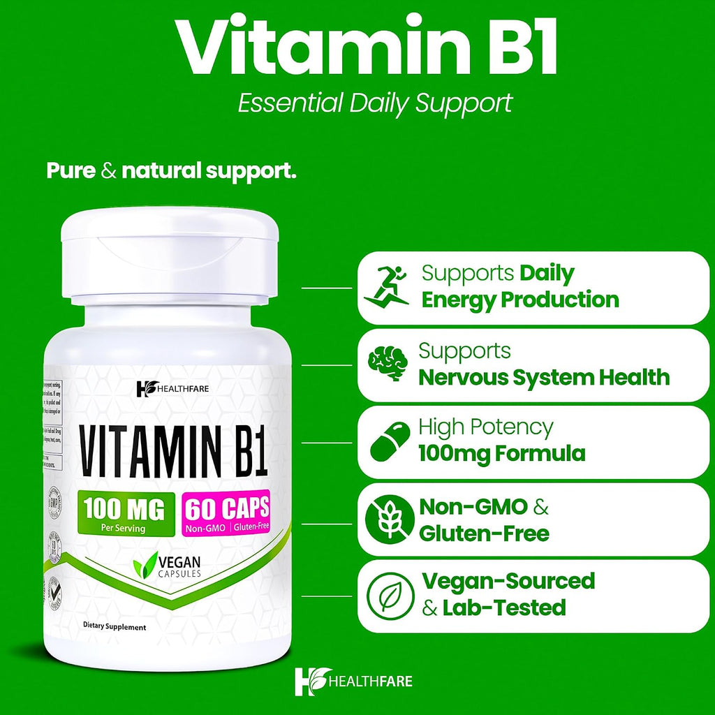 Healthfare Vitamina B1 100mg | 60 Cápsulas | Suplemento de Tiamina