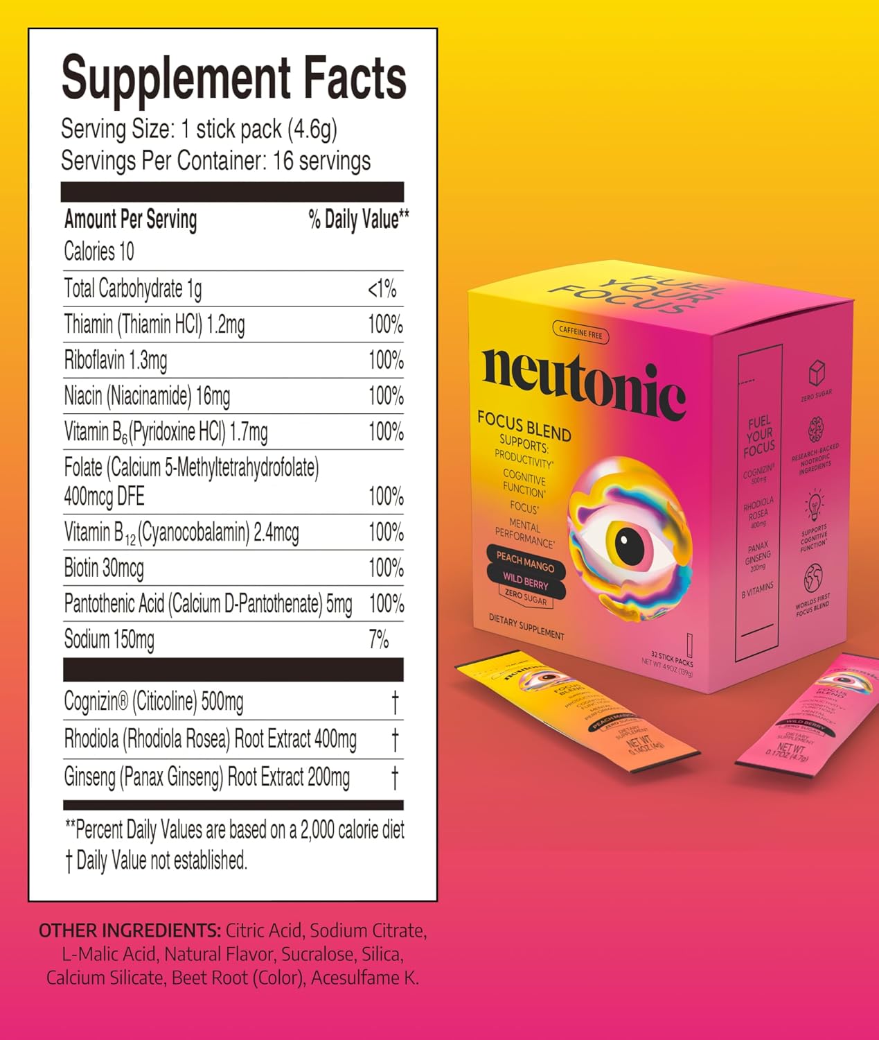 Neutonic Nootropic Focus Blend | 32 Sticks | Sabor Mango Melocotón y Bayas Silvestres | Sin Cafeína