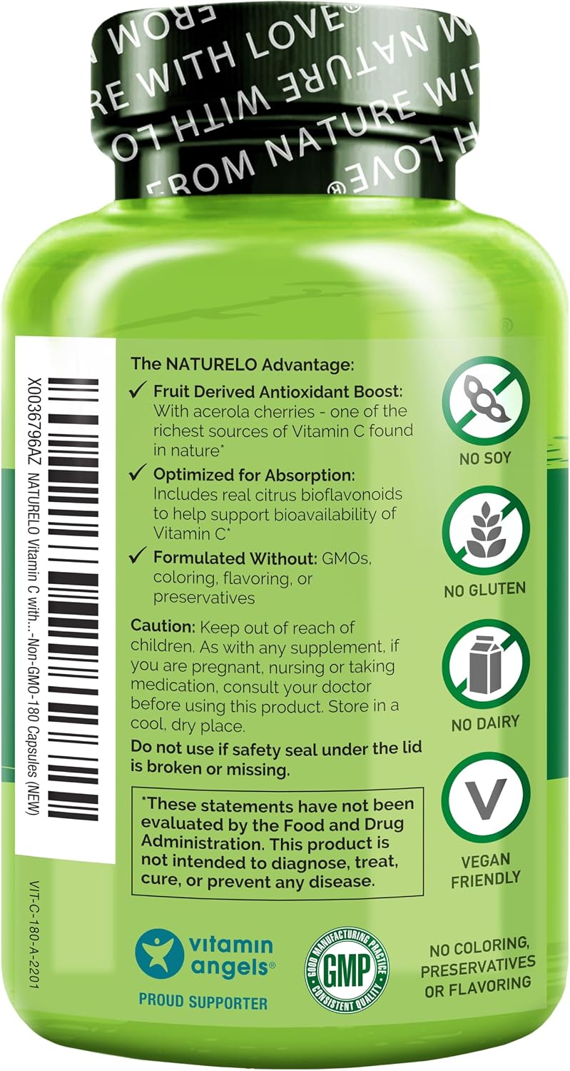 NATURELO Vitamina C con Extracto Orgánico de Acerola y Bioflavonoides Cítricos - Suplemento Vegano - 500 mg por Cápsula - 180 Cápsulas (Paquete de 2)
