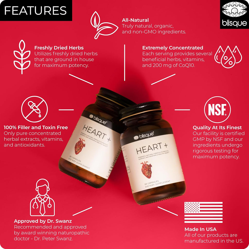 Blisque Heart+ – Apoyo Natural para la Presión Arterial y Salud Cardiovascular | Coenzima Q10, Espino Blanco, Remolacha, Cúrcuma | 90 Cápsulas