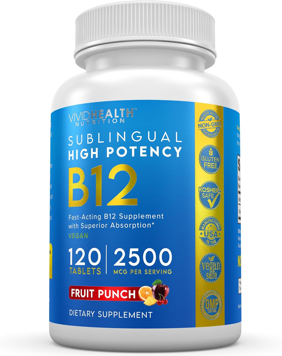 Vitamina B12 Sublingual 2500 mcg - Metilcobalamina - 120 Comprimidos Sabor Fruit Punch