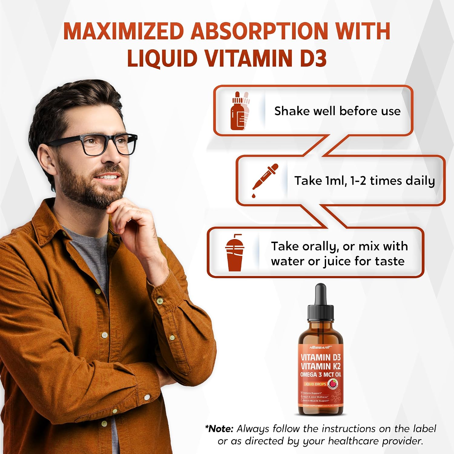 NESSARIT Vitamina D3 10.000 UI y K2 150 mcg Gotas Líquidas con Aceite MCT Omega 3 - Sabor Frambuesa - 60 ml