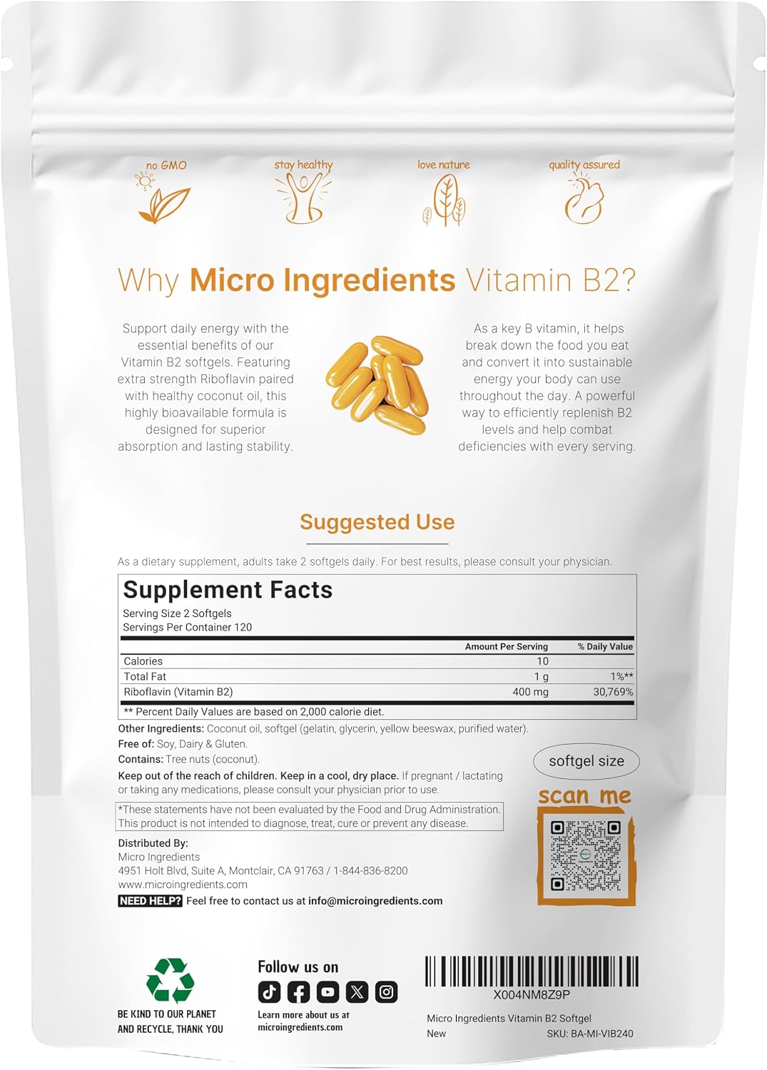 Vitamina B2, Riboflavina 400mg | 240 Cápsulas Blandas con Aceite de Coco | Alta Biodisponibilidad | Fuerza Extra | Complementos de Vitamina B para Energía | para Mujeres y Hombres | Sin OGM, Sin Gluten