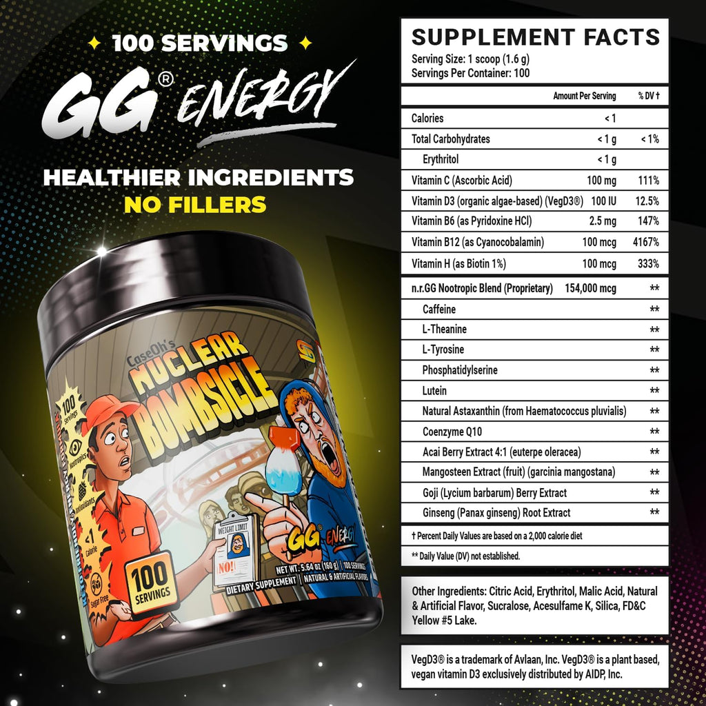 Gamer Supps GG Energy - CaseOh's Nuclear Bombsicle (100 Servings) - Keto Friendly Gaming Energy and Nootropic Blend, Sugar Free + Caffeine + Vitamins + Immune Support, Powder Drink