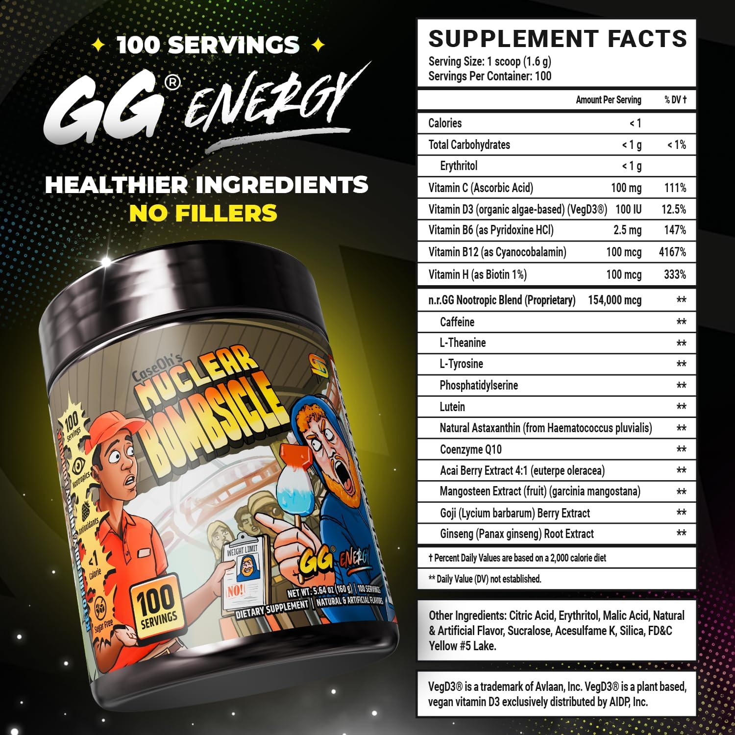 Gamer Supps GG Energy - CaseOh's Nuclear Bombsicle (100 Servings) - Keto Friendly Gaming Energy and Nootropic Blend, Sugar Free + Caffeine + Vitamins + Immune Support, Powder Drink