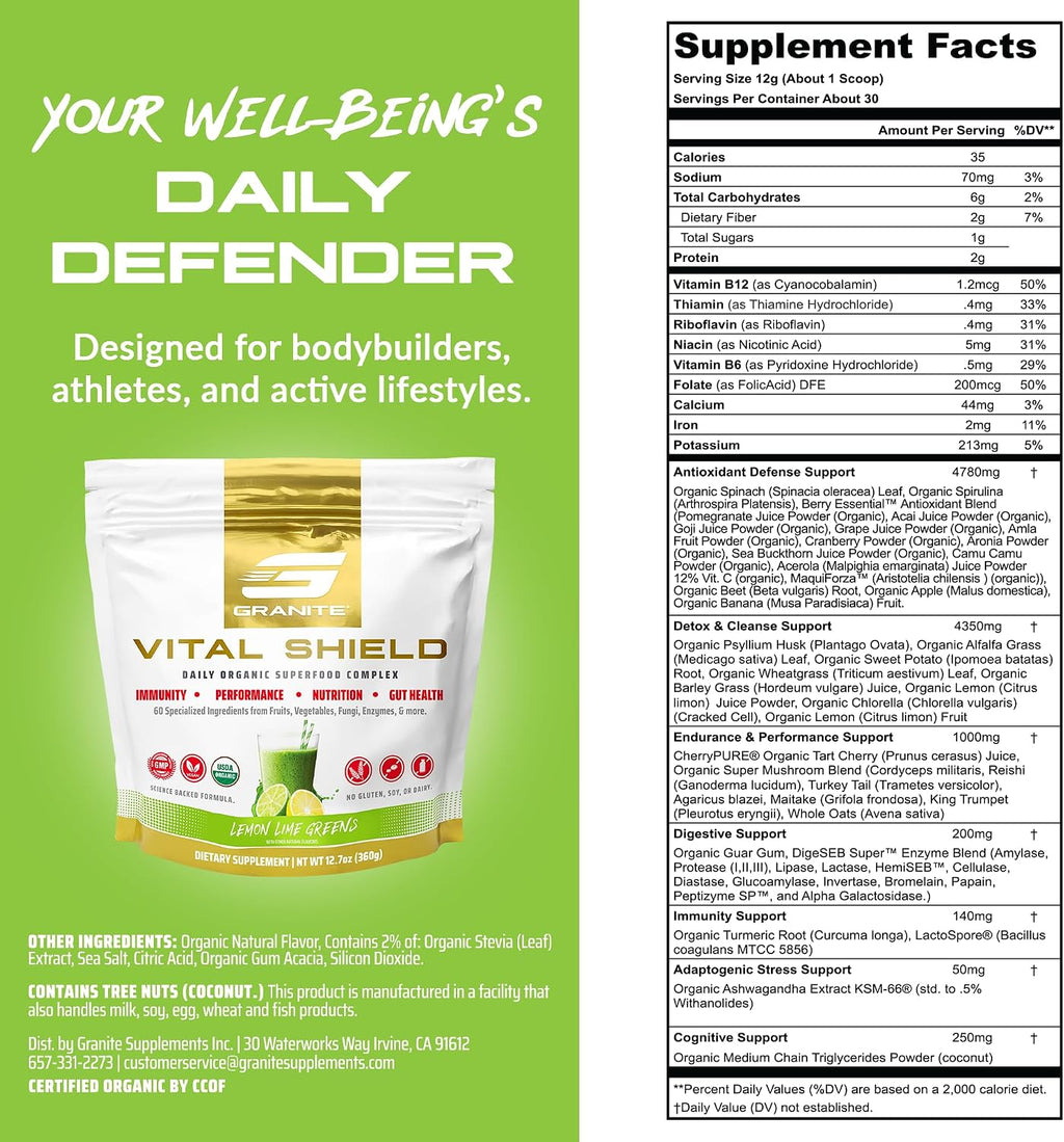 Granite Nutrition Vital Shield - Superalimentos Verdes Orgánicos con Champiñones y Cereza Ácida – Apoya Energía, Inmunidad y Salud Digestiva – Sabor Limón Lima (30 Raciones)