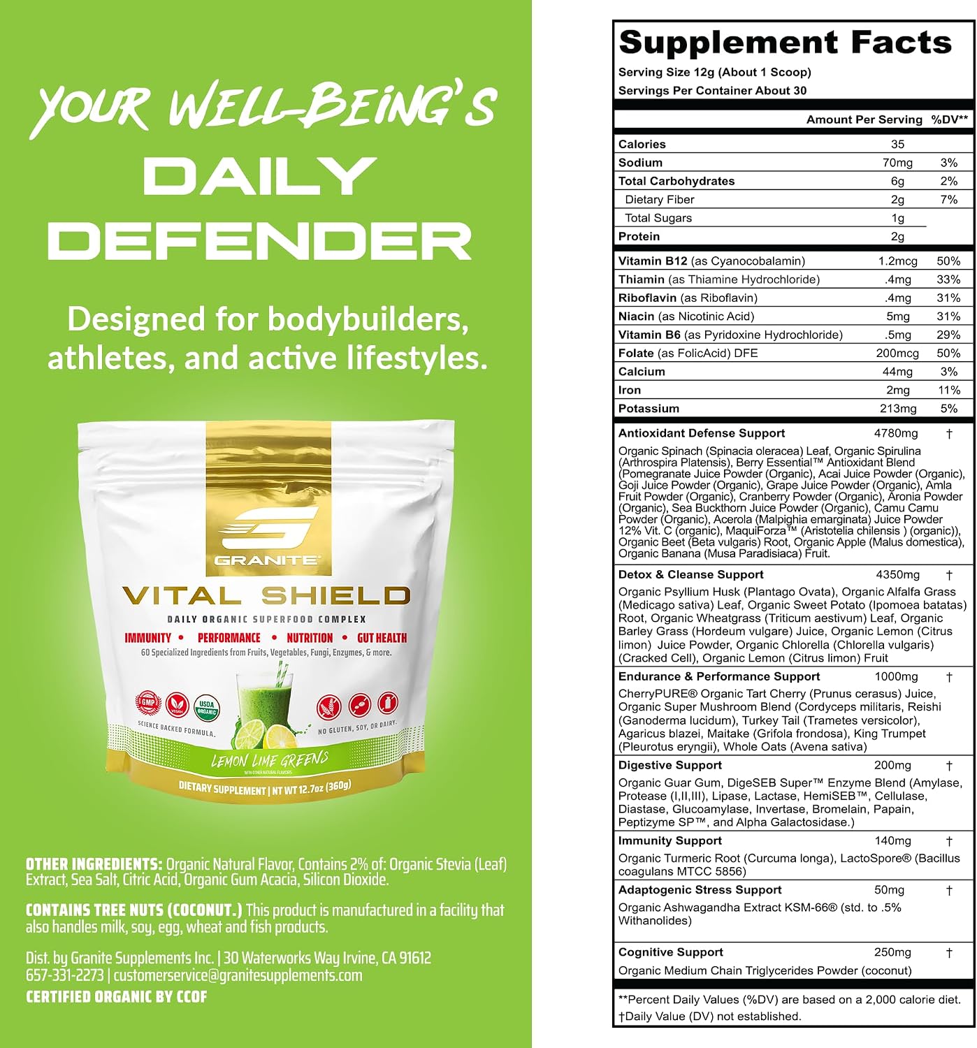 Granite Nutrition Vital Shield - Superalimentos Verdes Orgánicos con Champiñones y Cereza Ácida – Apoya Energía, Inmunidad y Salud Digestiva – Sabor Limón Lima (30 Raciones)