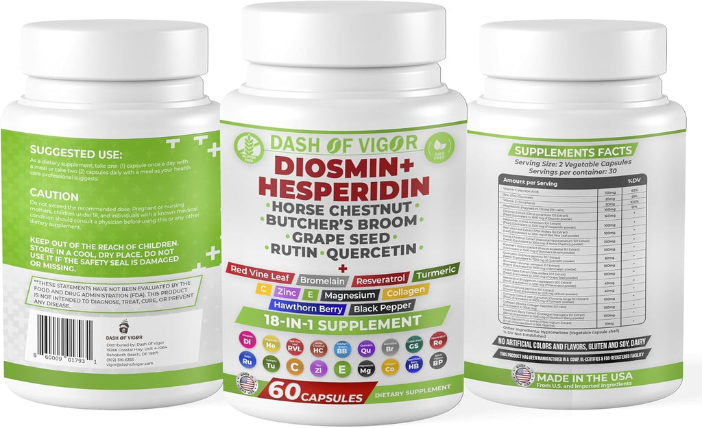Dash of Vigor 18-en-1 Suplemento de Diosmina y Hesperidina con Quercetina, Bromelina, Zinc, Vitamina C, Rutina, Castaño de Indias y Escoba de Carnicero, 60 Cápsulas