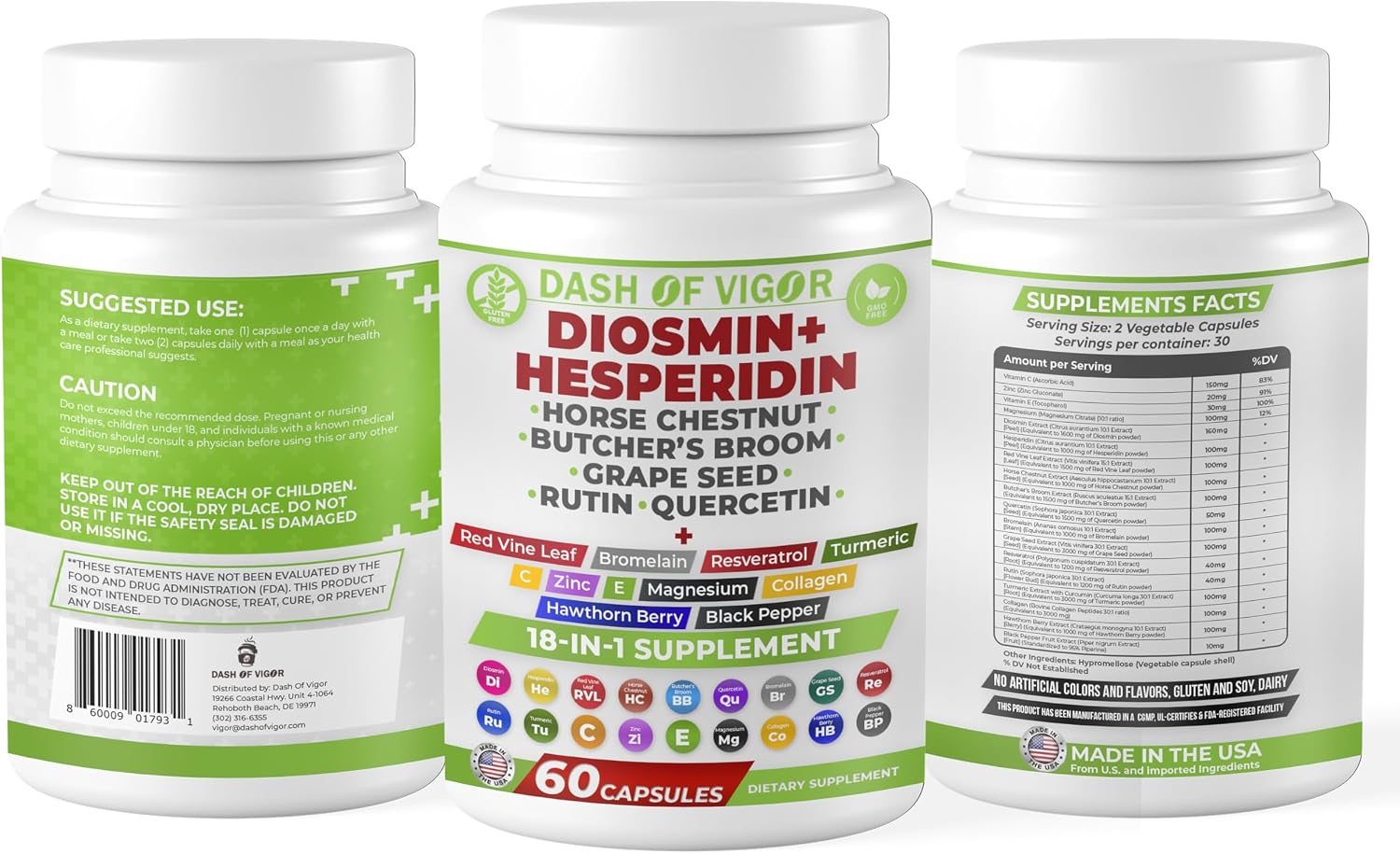 Dash of Vigor 18-en-1 Suplemento de Diosmina y Hesperidina con Quercetina, Bromelina, Zinc, Vitamina C, Rutina, Castaño de Indias y Escoba de Carnicero, 60 Cápsulas