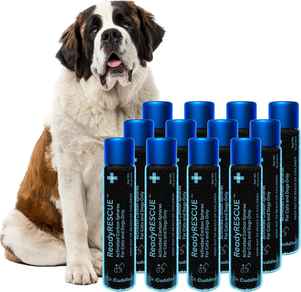 READYRESCUE Microesferas de Carbón Activado para Perros y Gatos - Kit esencial de primeros auxilios para mascotas - Aglutinante de veneno de acción rápida - Seguro y listo para llevar - 30g Pack de 12