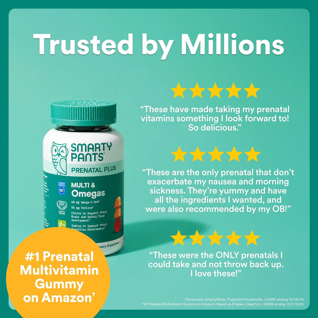 SmartyPants Prenatal Multivitamin Gummies, Omega 3 (DHA/EPA), Metilfolato, Biotina, Vitamina D3, C, Vitamina B12, B6, Vitamina A, K y Zinc, Sin Gluten, 120 Gominolas (40 Días)