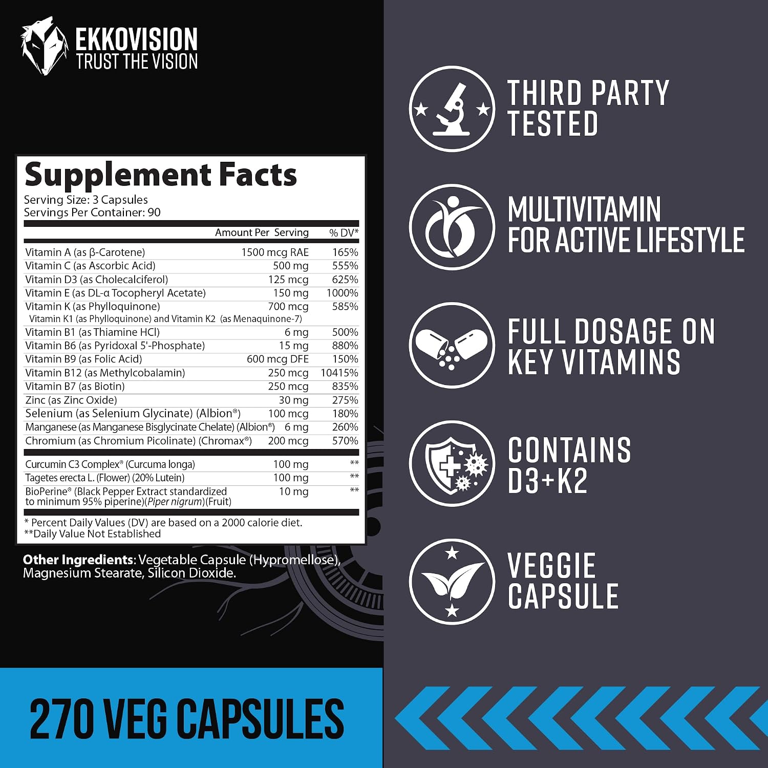 Ekkovision Multivitamin, Sin Hierro, 270 Cápsulas Vegetales (90 Dosis)