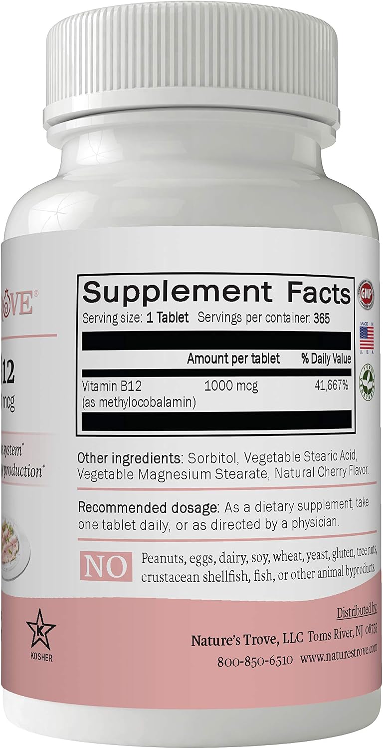 Vitamina B12 Metilcobalamina 1000 mcg, 365 Comprimidos Masticables Sabor Cereza