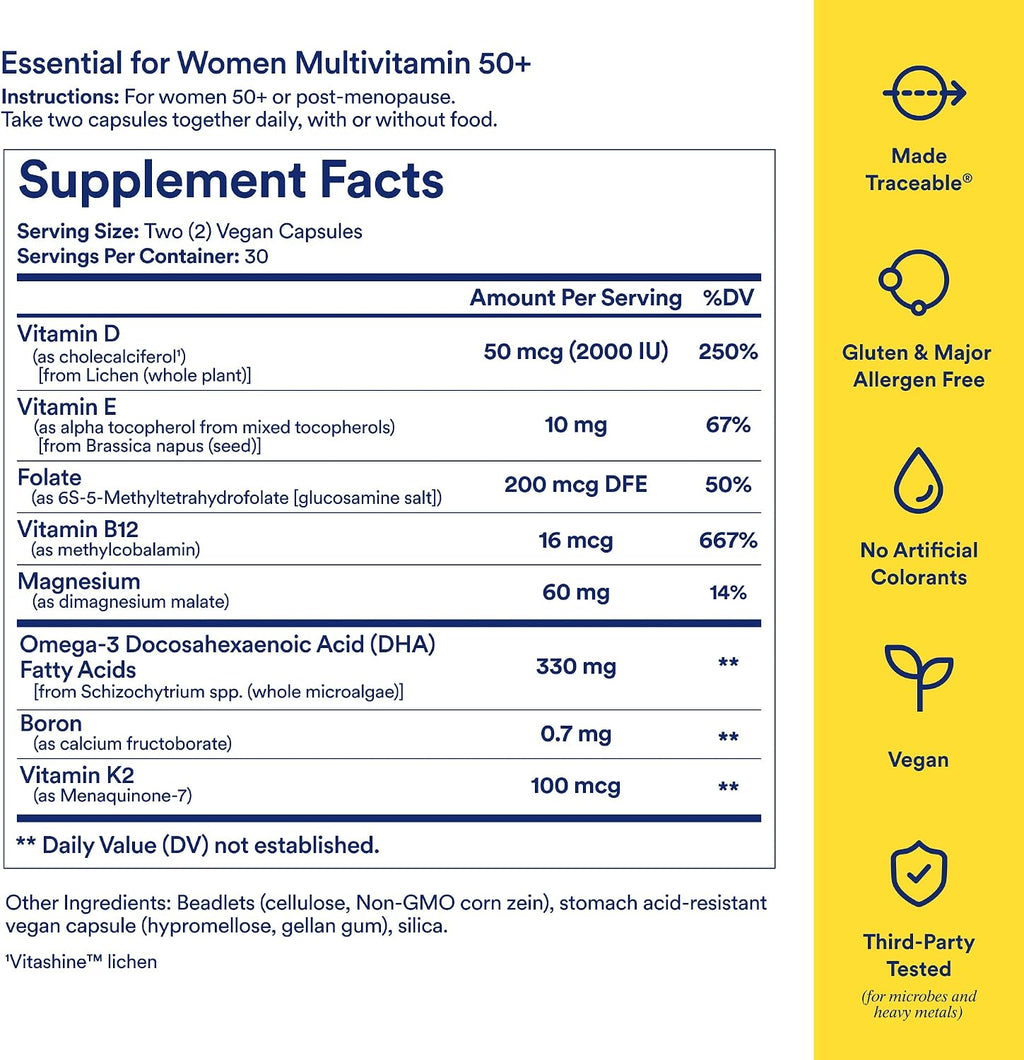Ritual Multivitamínico Diario para Mujeres 50+ - Vitaminas y Minerales Esenciales para la Menopausia, Energía, Corazón, Huesos, Salud Cerebral* - Incluye Folato, DHA - Vegano - Menta - 60 Cápsulas - 30 Dosis