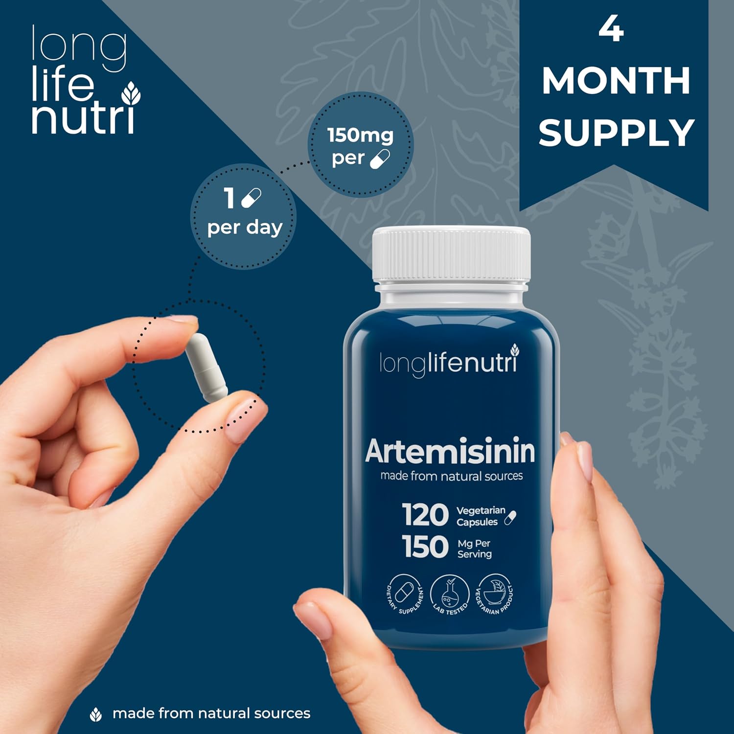 Artemisina 150mg - 120 Cápsulas Vegetales de Ajenjo Dulce Orgánico - LongLifeNutri