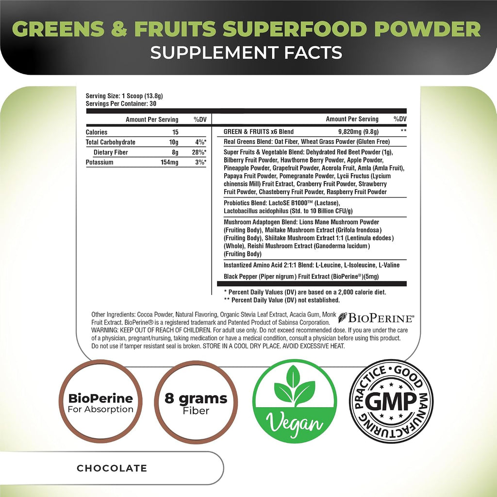 Nutrology Greens & Fruits Powder - Mezcla de frutas y verduras, remolacha, setas, probióticos, enzimas digestivas, fibra, antioxidantes - Sabor Chocolate - 30 raciones