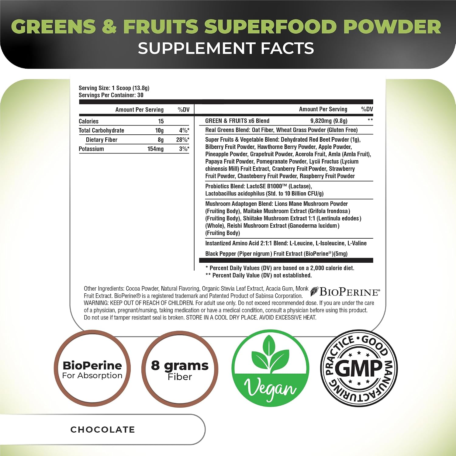 Nutrology Greens & Fruits Powder - Mezcla de frutas y verduras, remolacha, setas, probióticos, enzimas digestivas, fibra, antioxidantes - Sabor Chocolate - 30 raciones