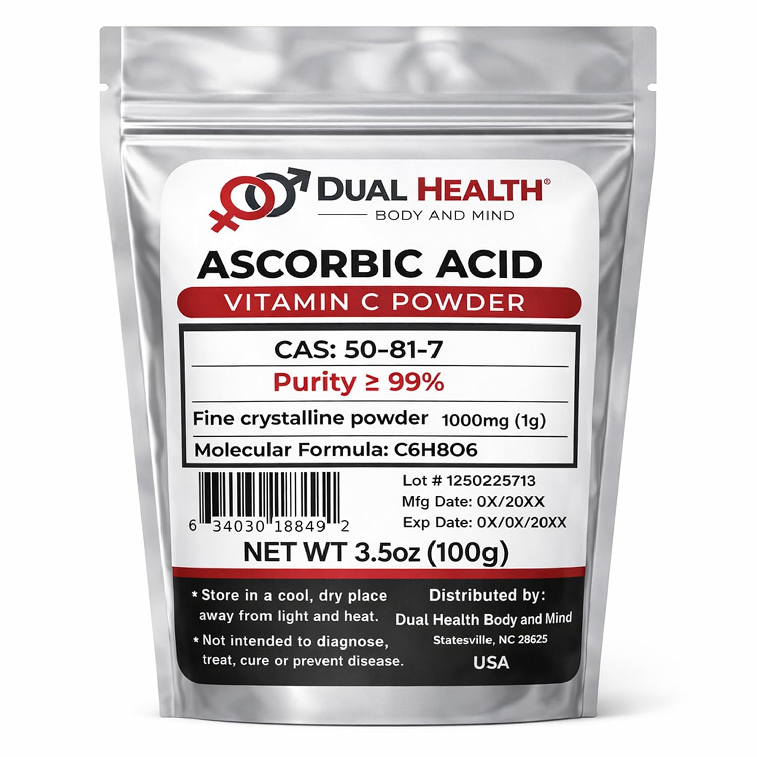 Ácido Ascórbico en Polvo Puro 100 g - Cristales de L-Ácido Ascórbico - Ingrediente Único - Polvo Fino Cristalino - Bolsa Resellable