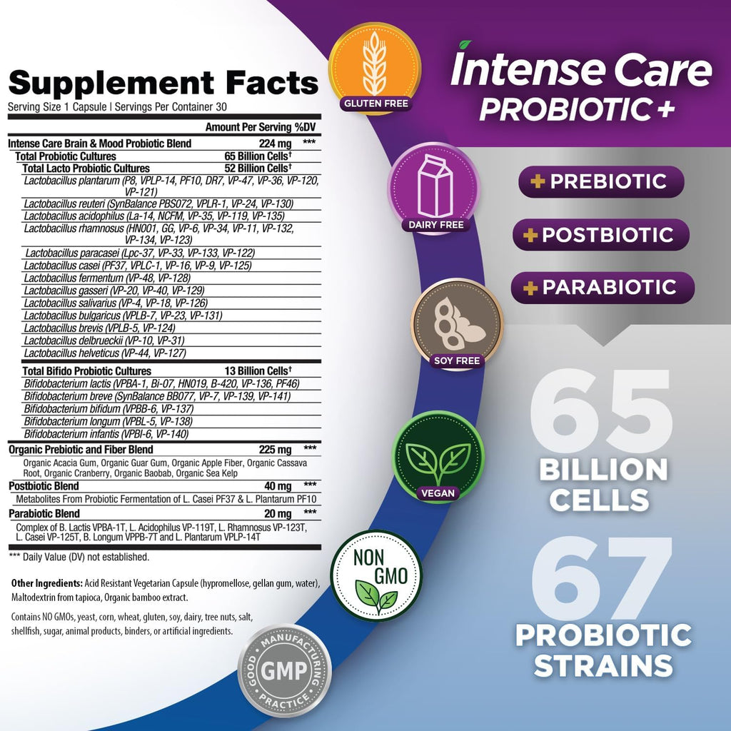 Vital Planet Intense Care Brain & Mood - Probióticos 4-en-1, 65B UFC, 67 cepas, 30 cápsulas