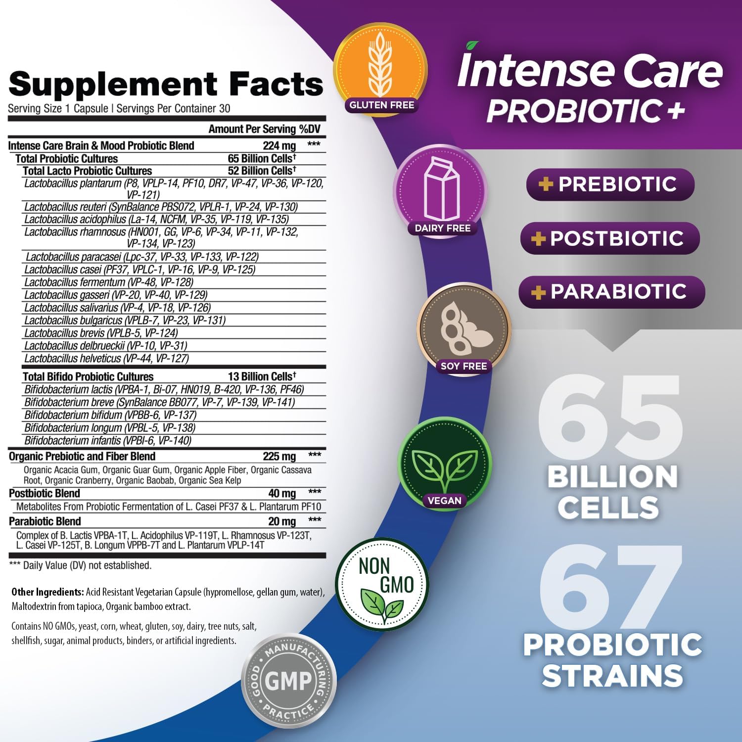 Vital Planet Intense Care Brain & Mood - Probióticos 4-en-1, 65B UFC, 67 cepas, 30 cápsulas