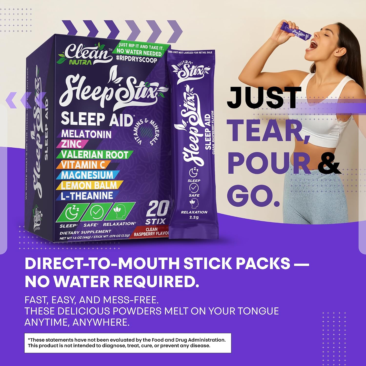 Clean Nutraceuticals Sleep Aid – Polvo de Melatonina con Triptófano, Glicina, Valeriana, Magnesio, L-teanina, Zinc, Inositol, GABA, B6, 5-HTP – 20 Sticks