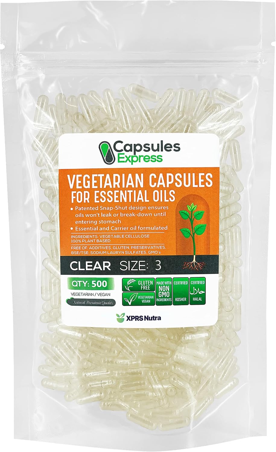 XPRS Nutra Cápsulas Vegetales Vacías Tamaño 3 - 500 uds - Transparentes para Aceites Esenciales