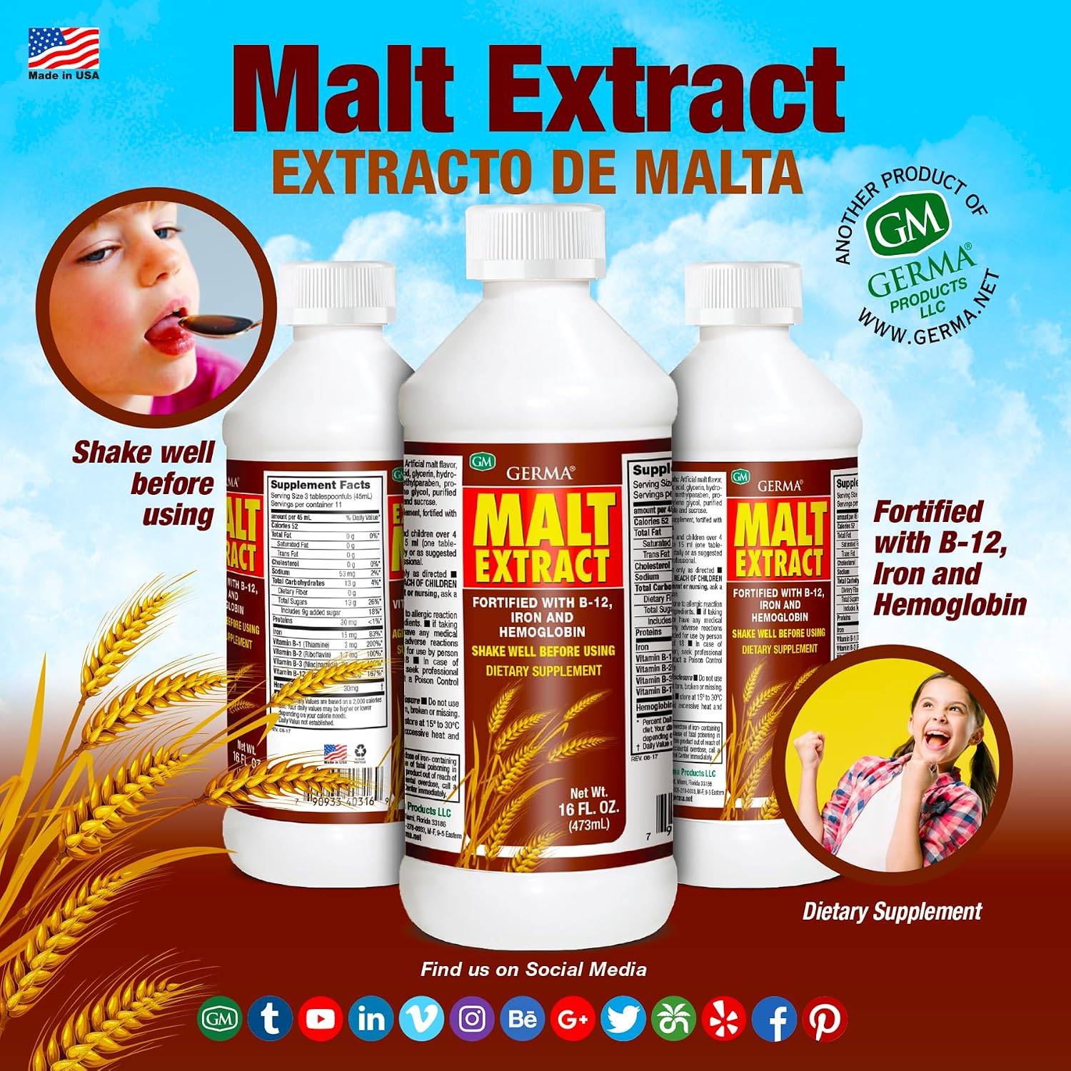 Germa Extracto de Malta – Suplemento dietético líquido para energía y vitalidad – Rico en vitaminas B y minerales esenciales – Apoyo nutricional tradicional – 16 fl oz