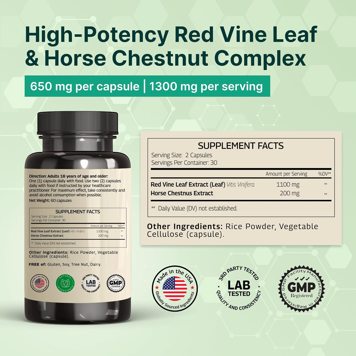VINATURA Extracto de Hoja de Vid Roja y Castaño de Indias - 1300mg por dosis - 60 Cápsulas