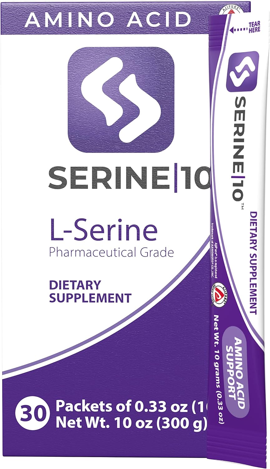 SERINE10 L-Serina Nootrópicos Sobres - Apoya la Salud Cerebral, Memoria, Concentración y Producción de Serotonina, L-Triptófano y L-Cistina - 10 Sobres Premidos con 10 Gramos (10000 mg)