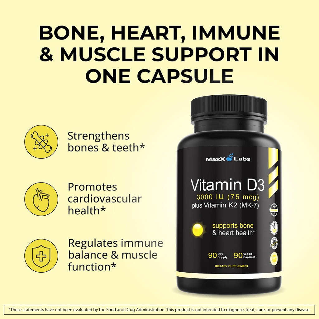 MaxX Labs Vitamina D3 3000 UI + K2 MK-7 | 90 Cápsulas | Suplemento Alimenticio