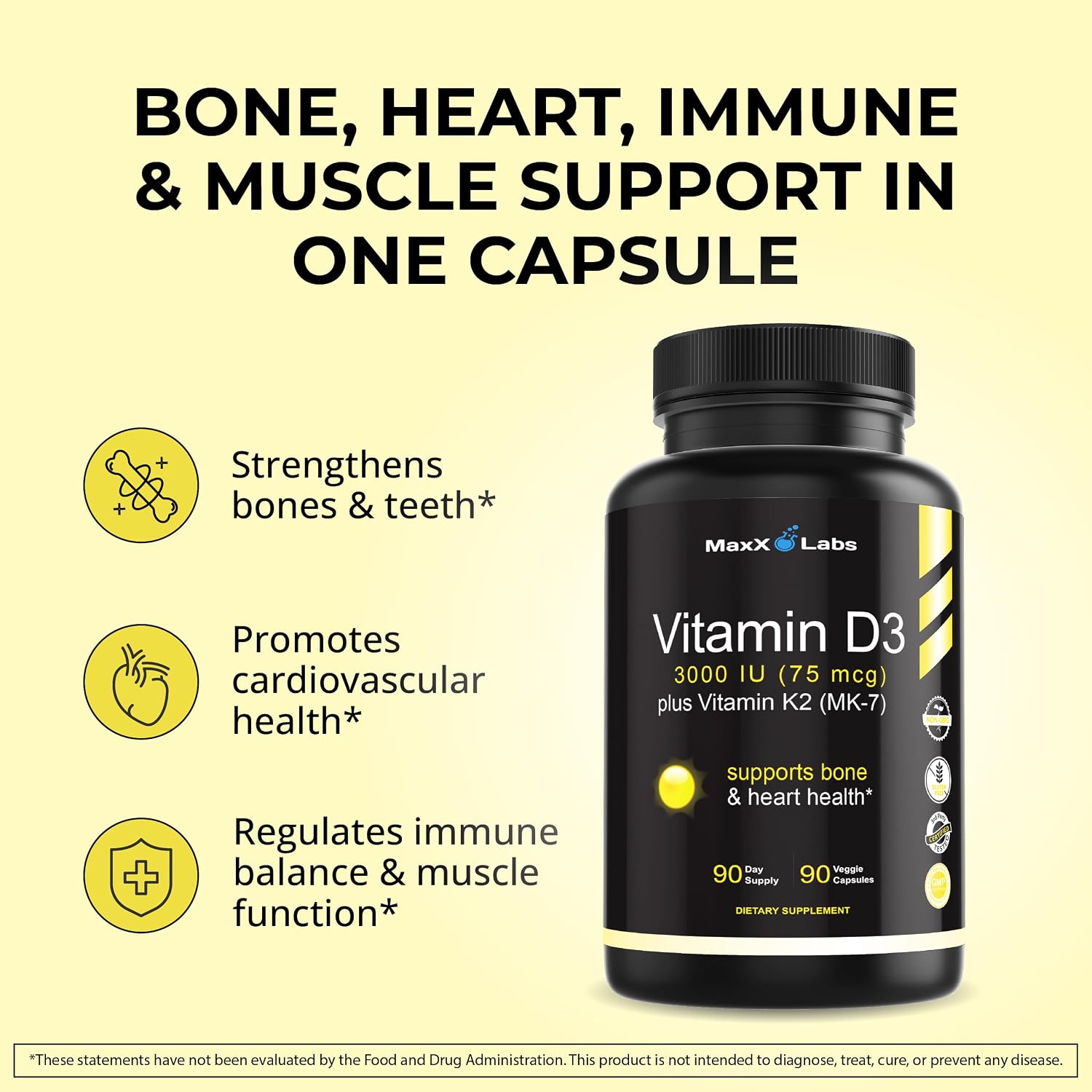 MaxX Labs Vitamina D3 3000 UI + K2 MK-7 | 90 Cápsulas | Suplemento Alimenticio