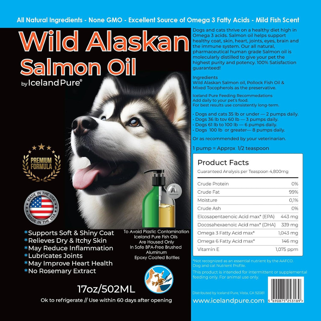 Iceland Pure Wild Alaskan Salmon Oil for Dogs and Cats | Salmon & Pollock Blend | 1043mg Omega 3 per Teaspoon | Aluminum Bottle with Pump - 480ml