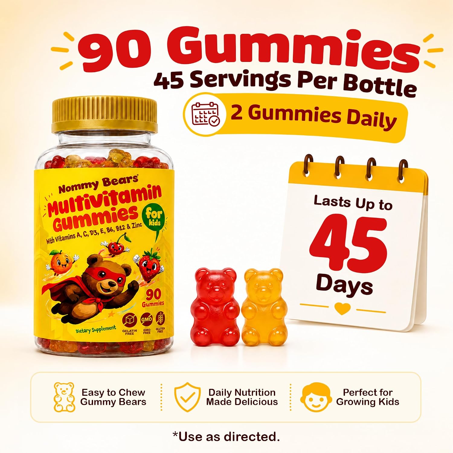 NOMMY BEARS Gomitas Multivitamínicas para Niños - 11 Vitaminas Esenciales, Sin Gelatina, Vegano, Sin Gluten y Sin Lácteos, Sabor Natural, 90 Gomitas (45 Días)