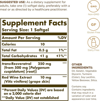 Solgar Resveratrol 250mg 60 Cápsulas Blandas – Sin gluten, trigo, levadura, azúcar, sal, aromas artificiales ni – Image 2