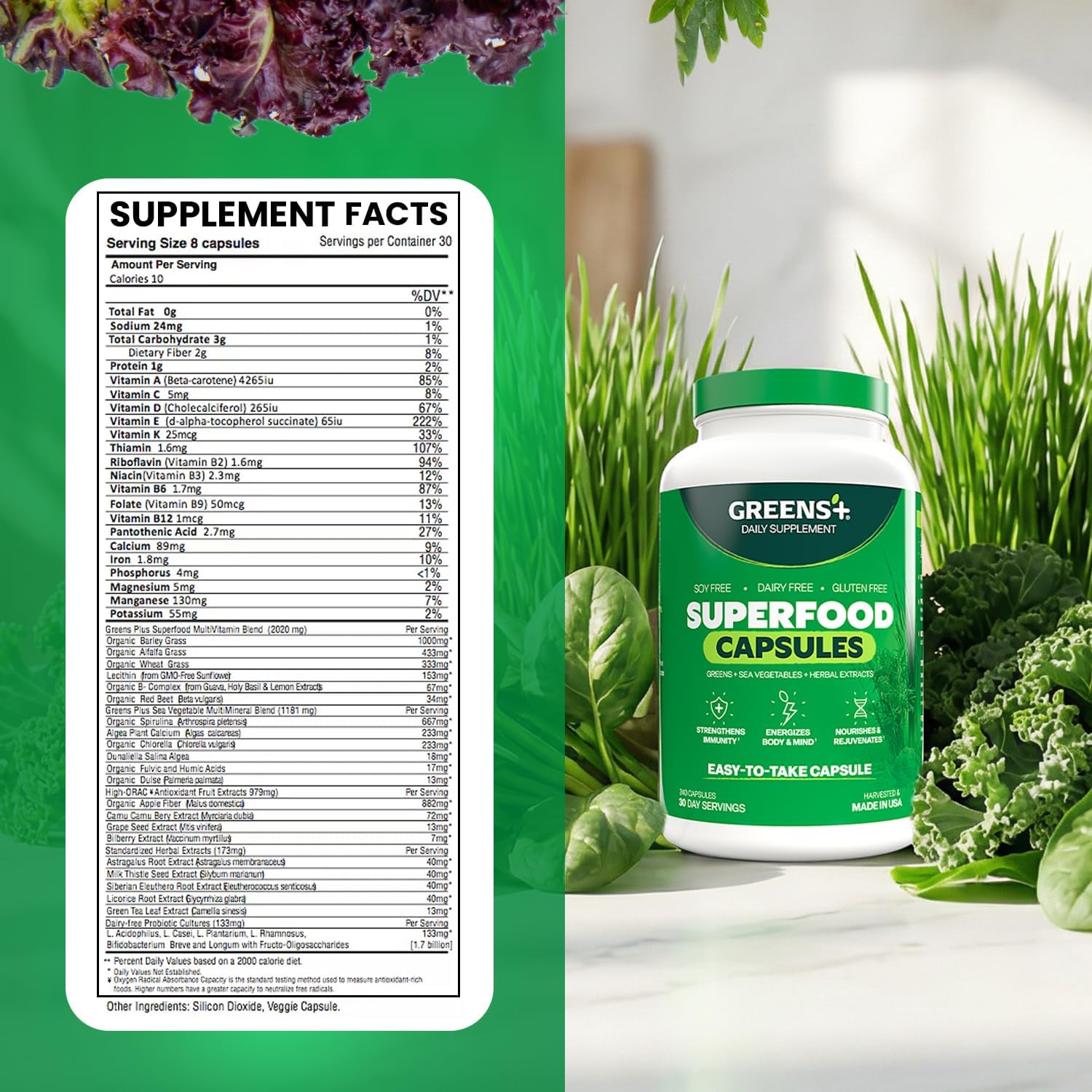Greens+ Cápsulas de Superalimentos Orgánicos - Espirulina y Clorela Orgánicas con Alfalfa y Pasto de Trigo - 240 Cápsulas